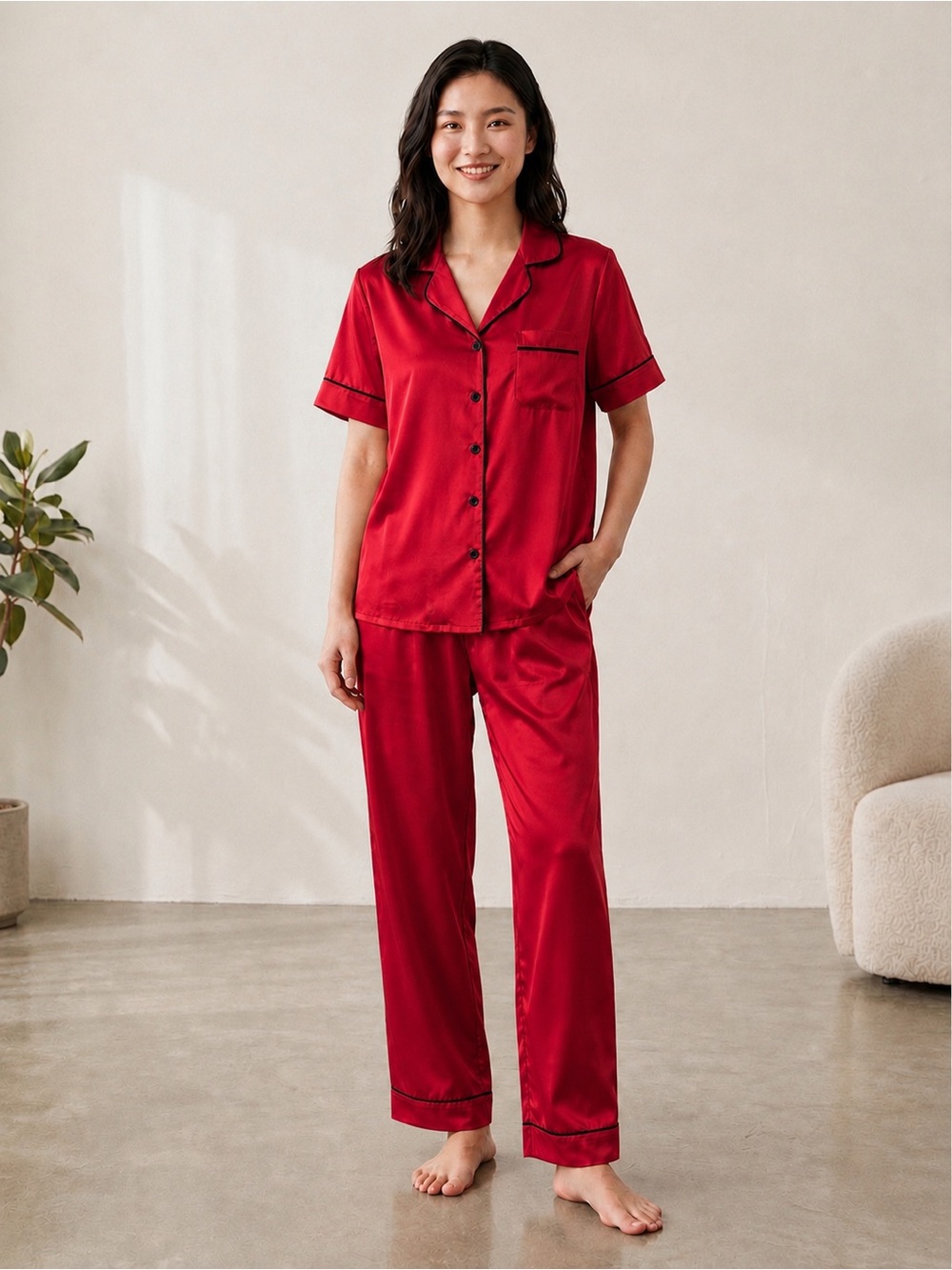 Silky Red Women's Pajama Set - Classic Button-Front Sleepwear